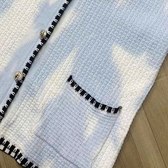 V Neck Short Sleeve Tweed Cardigan with Striped Trim - Picture 3 of 4